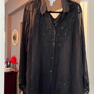 Beautiful beaded black shirt Avenue size 22/24  with a satin tank top underneath